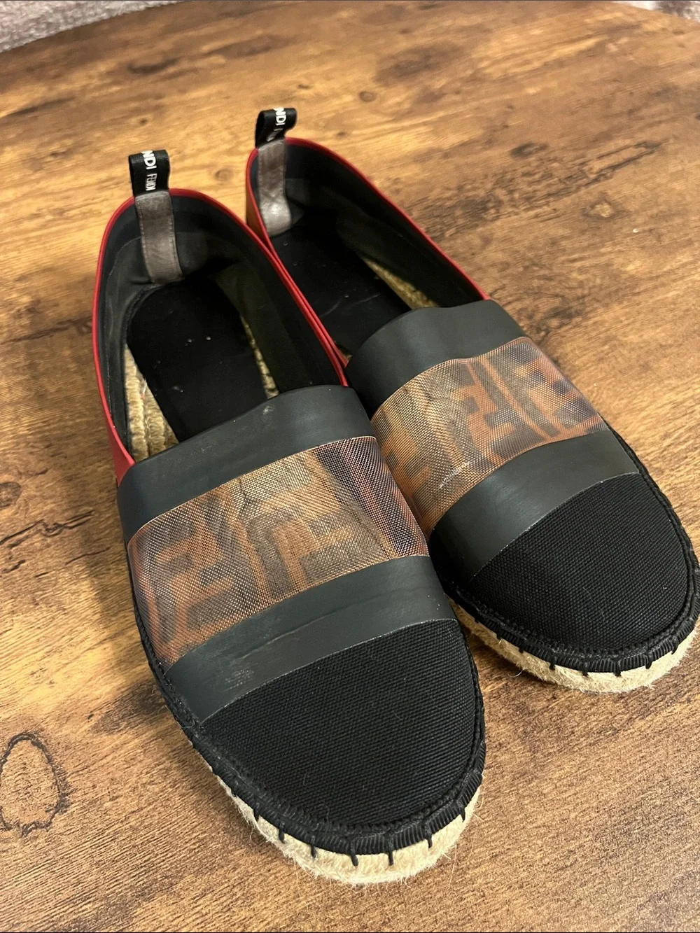 Fendi Black and Red Espadrille Slip-On Shoes